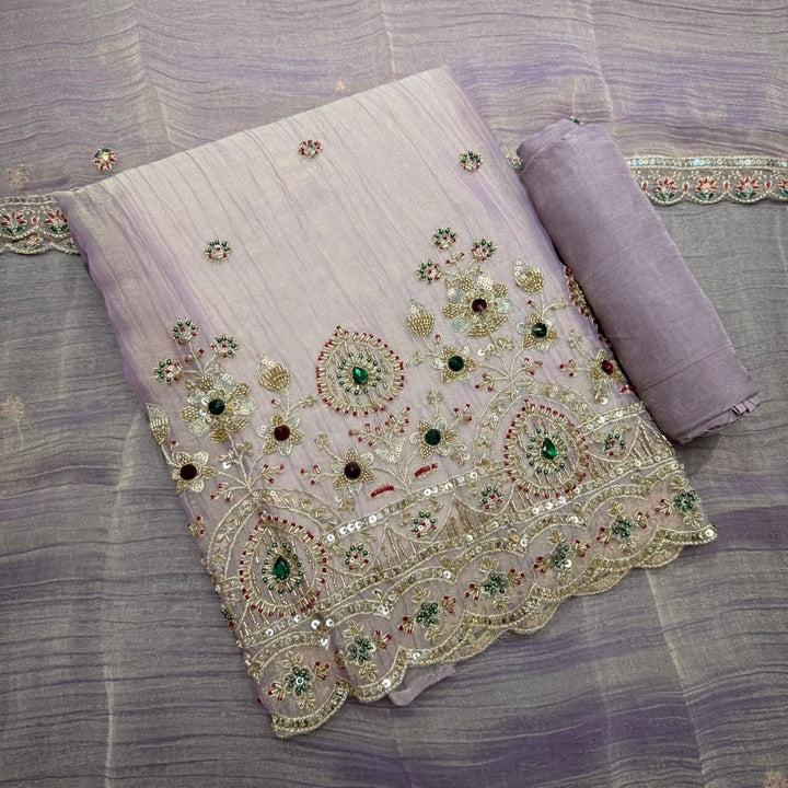 Premium Shimmer Tissue With Multicolour Stone Work Unstitched Suit Set LF8696 -3