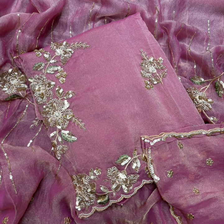 Premium Shimmer Tissue with Cutdana, Sequin & Thread Work Unstitched Suit Set -LF8638 - B