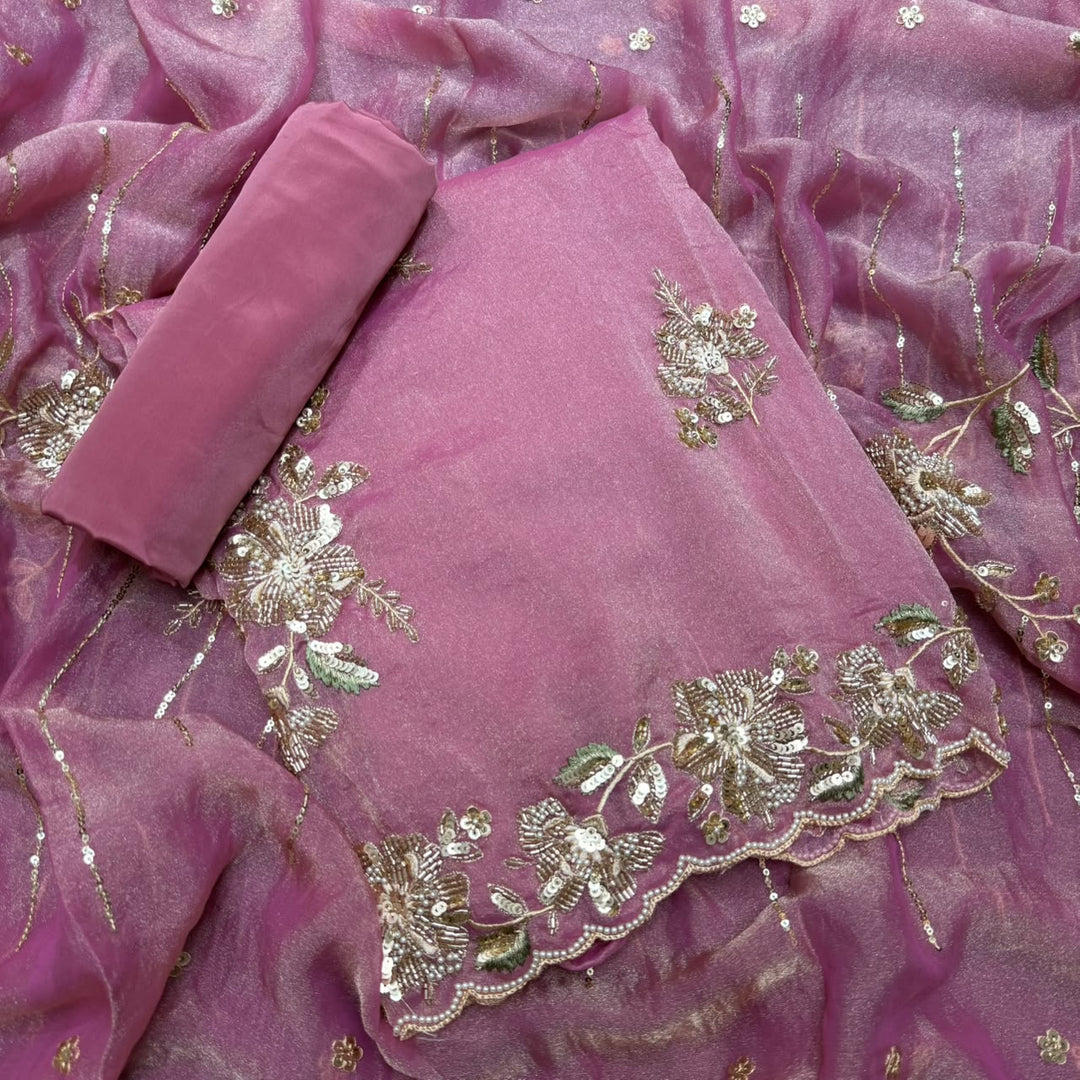 Premium Shimmer Tissue with Cutdana, Sequin & Thread Work Unstitched Suit Set -LF8638 - B