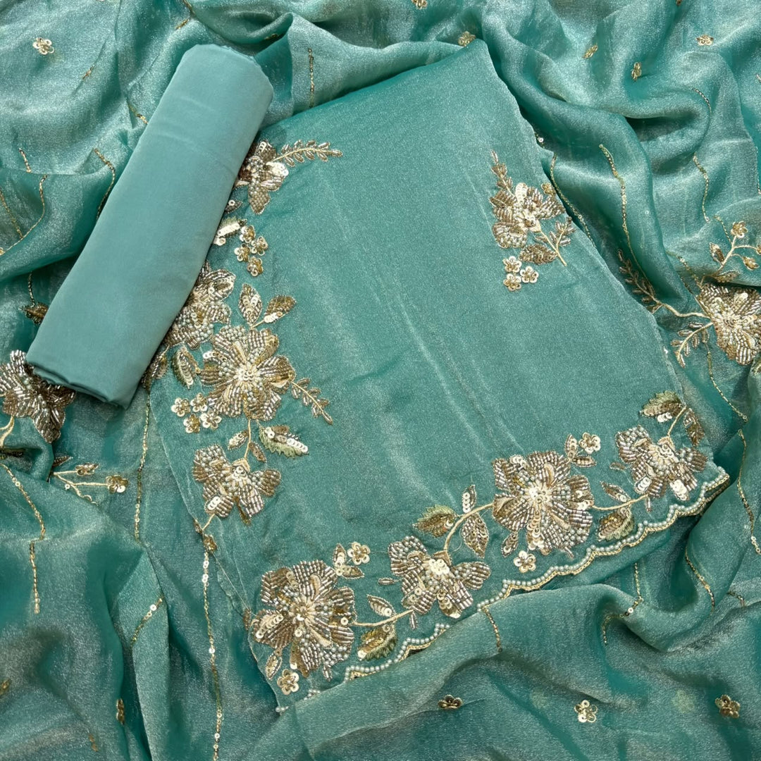 Premium Shimmer Tissue with Cutdana, Sequin & Thread Work Unstitched Suit Set -LF8638 - C