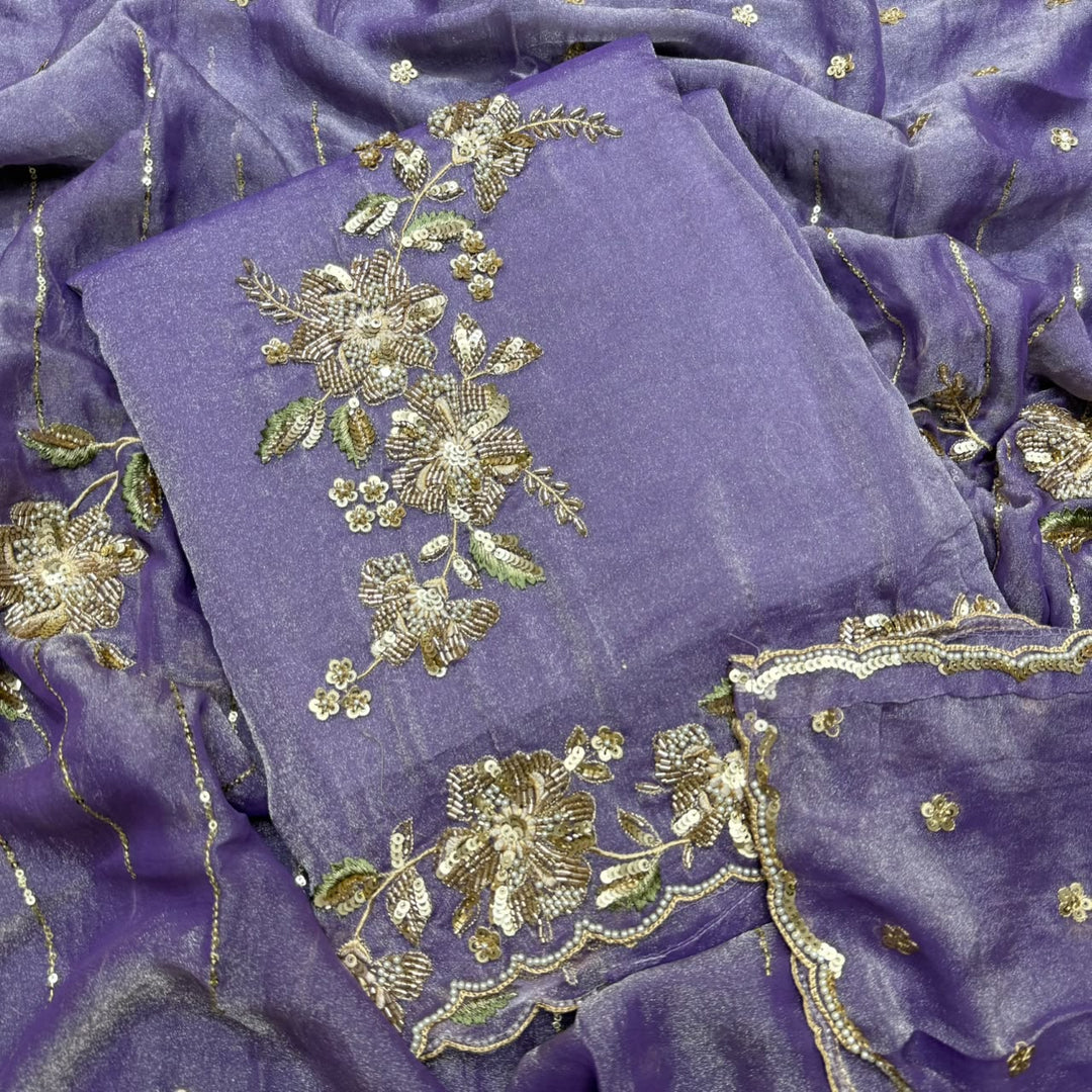 Premium Shimmer Tissue with Cutdana, Sequin & Thread Work Unstitched Suit Set -LF8638 - D