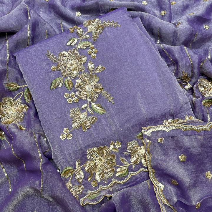 Premium Shimmer Tissue with Cutdana, Sequin & Thread Work Unstitched Suit Set -LF8638 - D