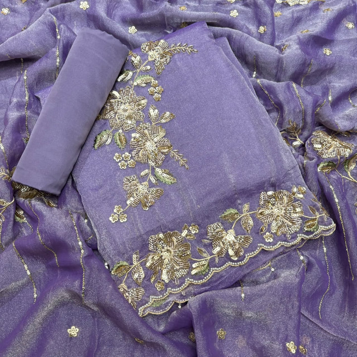 Premium Shimmer Tissue with Cutdana, Sequin & Thread Work Unstitched Suit Set -LF8638 - D