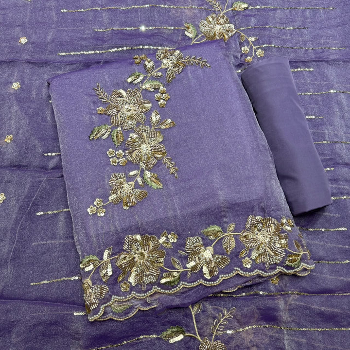 Premium Shimmer Tissue with Cutdana, Sequin & Thread Work Unstitched Suit Set -LF8638 - D