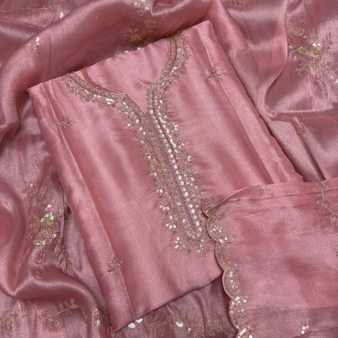 Shimmer Tissue Thread, Cut Dana & Sequins Work Unstitched Suit Set - LF8347 - A