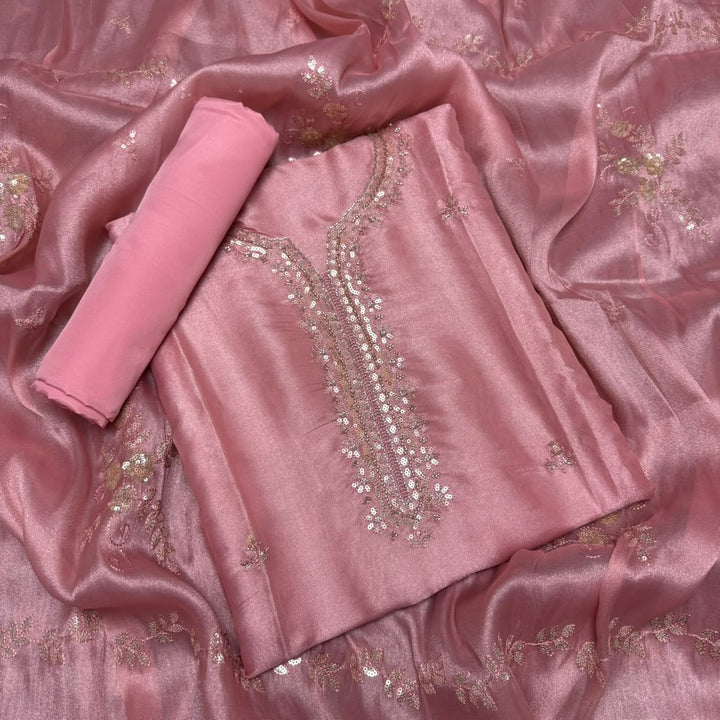 Shimmer Tissue Thread, Cut Dana & Sequins Work Unstitched Suit Set - LF8347 - A