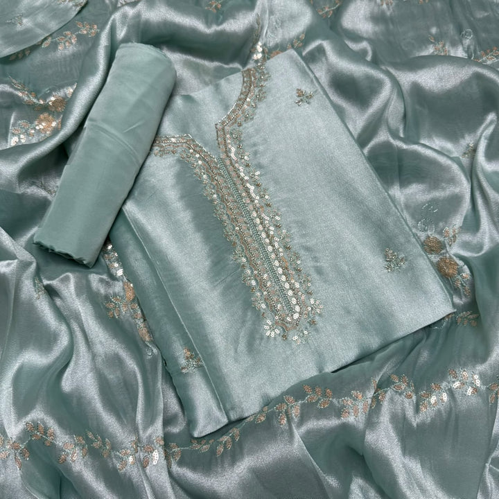 Shimmer Tissue Thread, Cut Dana & Sequins Work Unstitched Suit Set - LF8347 - B
