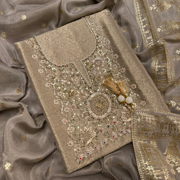 Tanchui Silk Zari Zardozi Unstitched Suit Set - D12955 - A1