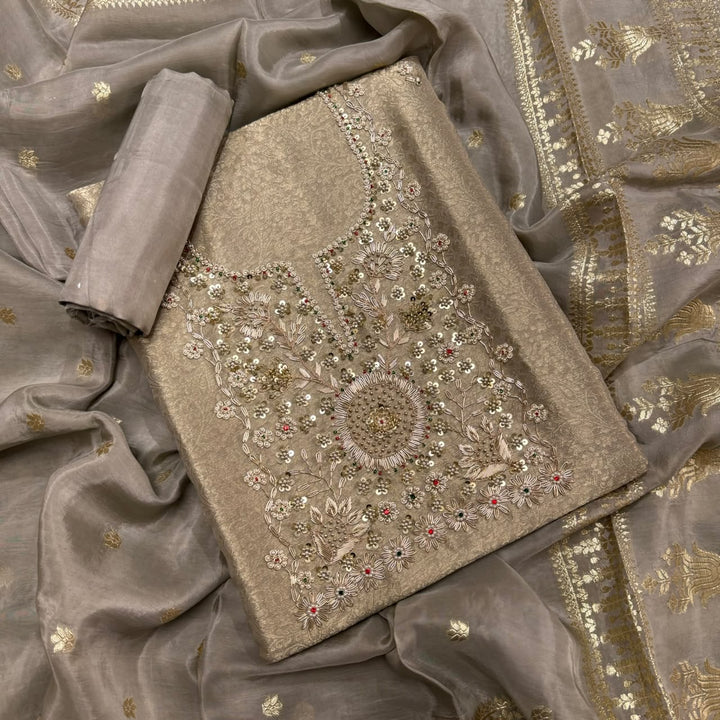Tanchui Silk Zari Zardozi Unstitched Suit Set - D12955 - A1