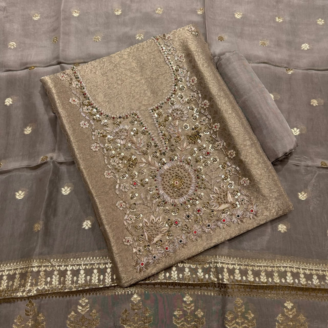 Tanchui Silk Zari Zardozi Unstitched Suit Set - D12955 - A1