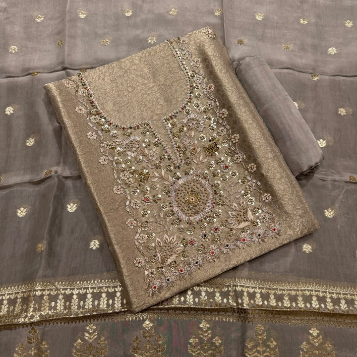 Tanchui Silk Zari Zardozi Unstitched Suit Set - D12955 - A1