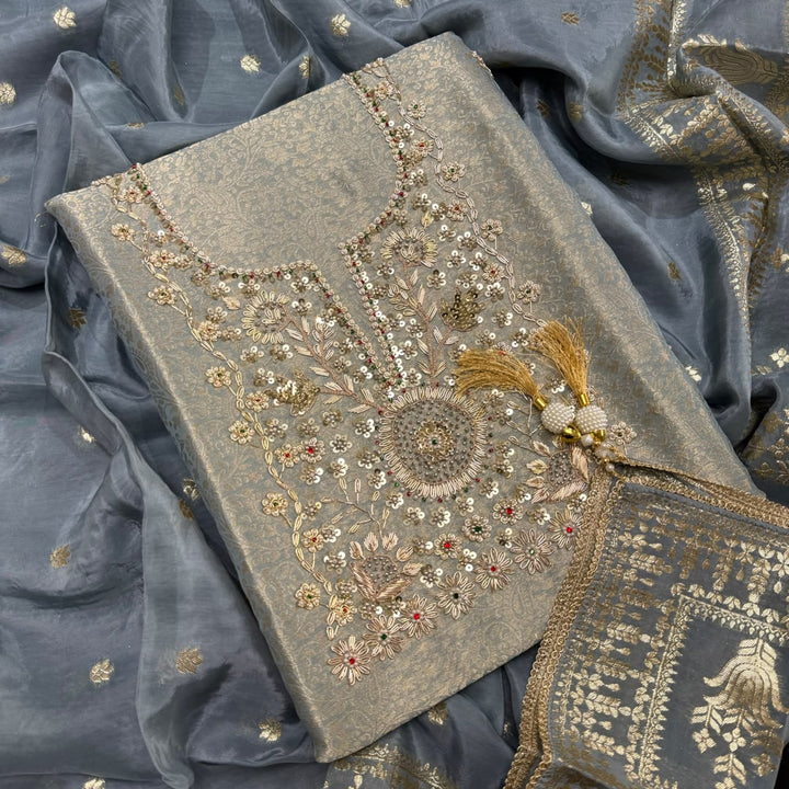 Tanchui Silk Zari Zardozi Unstitched Suit Set - D12955 - A2