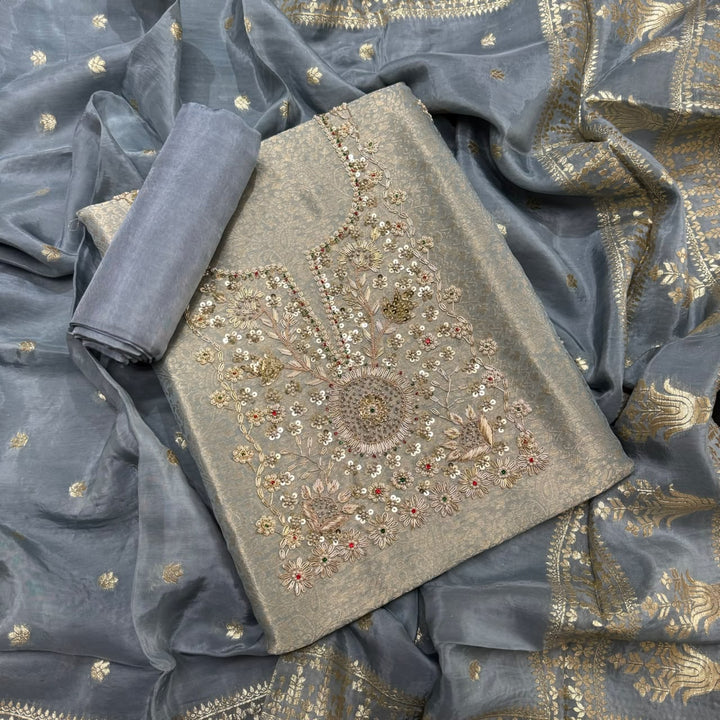 Tanchui Silk Zari Zardozi Unstitched Suit Set - D12955 - A2