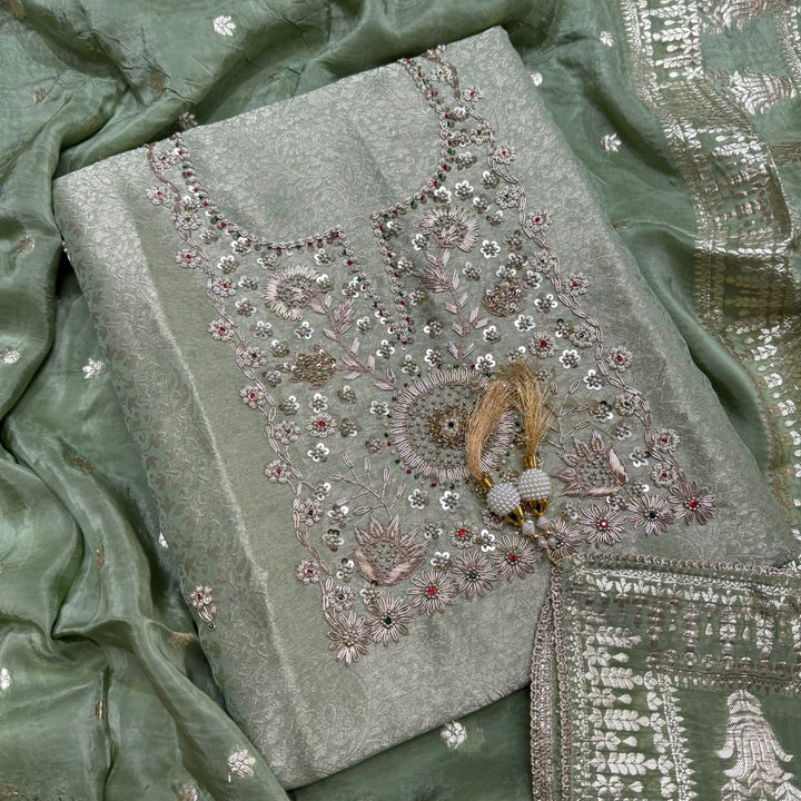Tanchui Silk Zari Zardozi Unstitched Suit Set - D12955 - A3