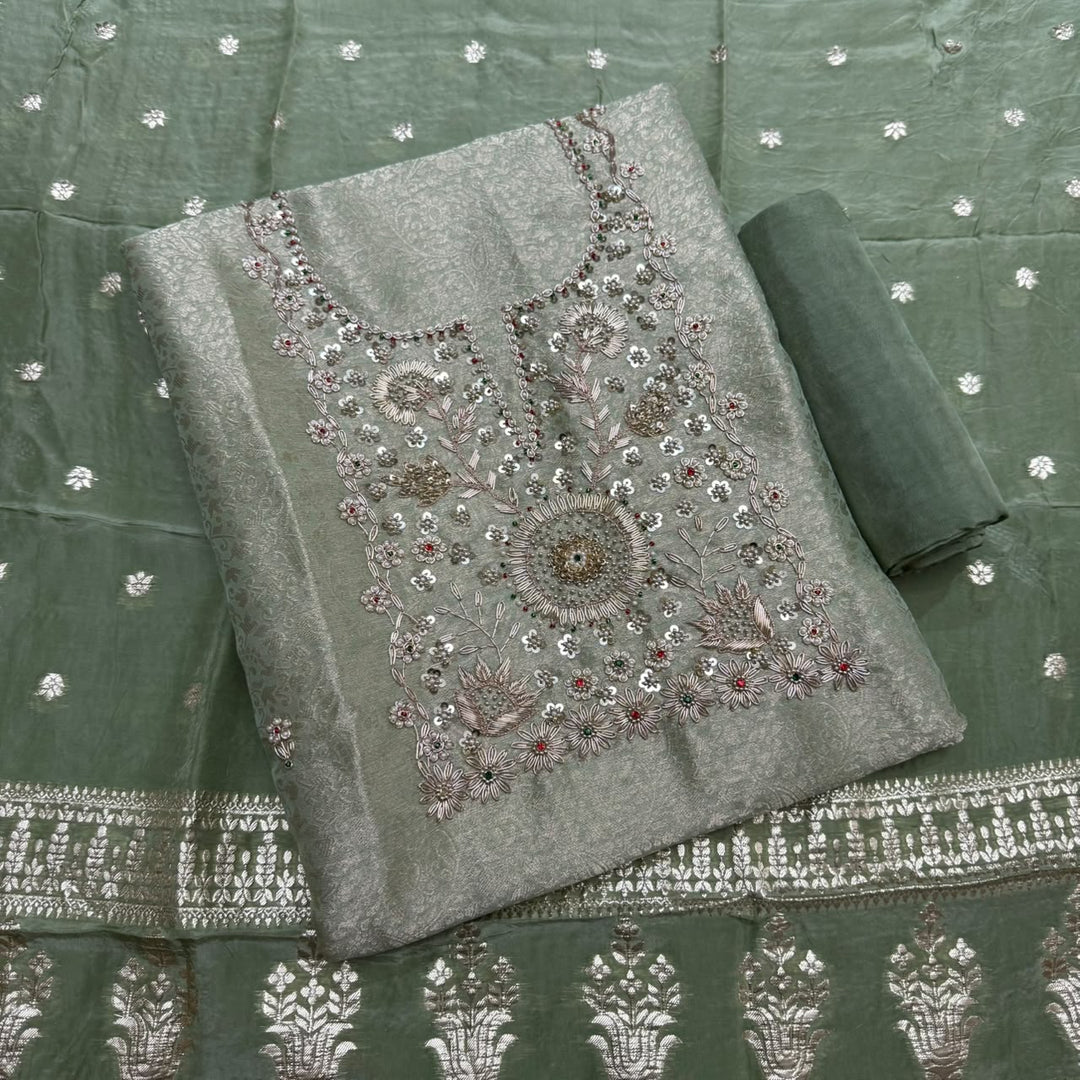 Tanchui Silk Zari Zardozi Unstitched Suit Set - D12955 - A3