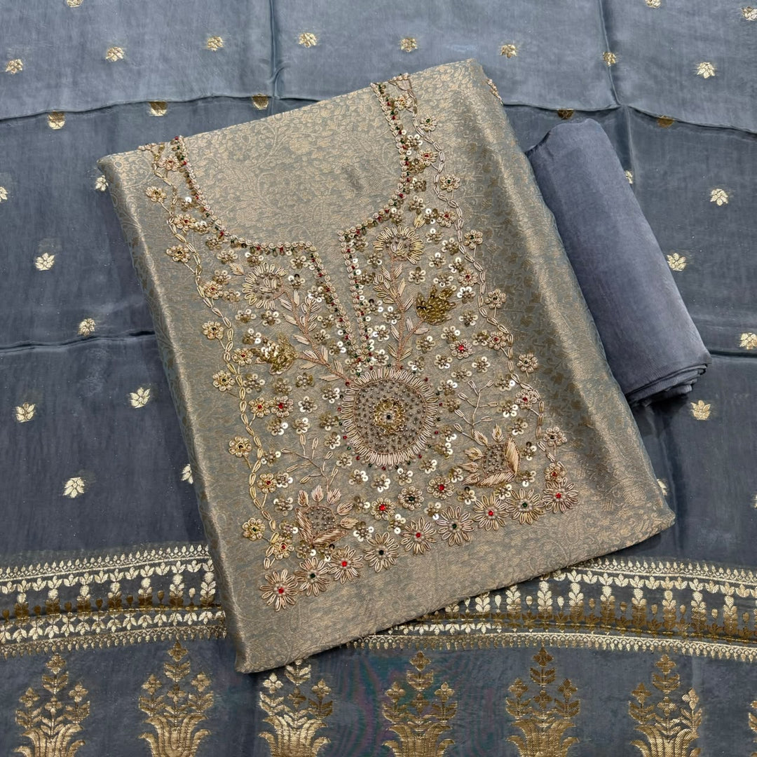 Tanchui Silk Zari Zardozi Unstitched Suit Set - D12955 - A2