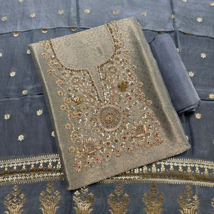 Tanchui Silk Zari Zardozi Unstitched Suit Set - D12955 - A2