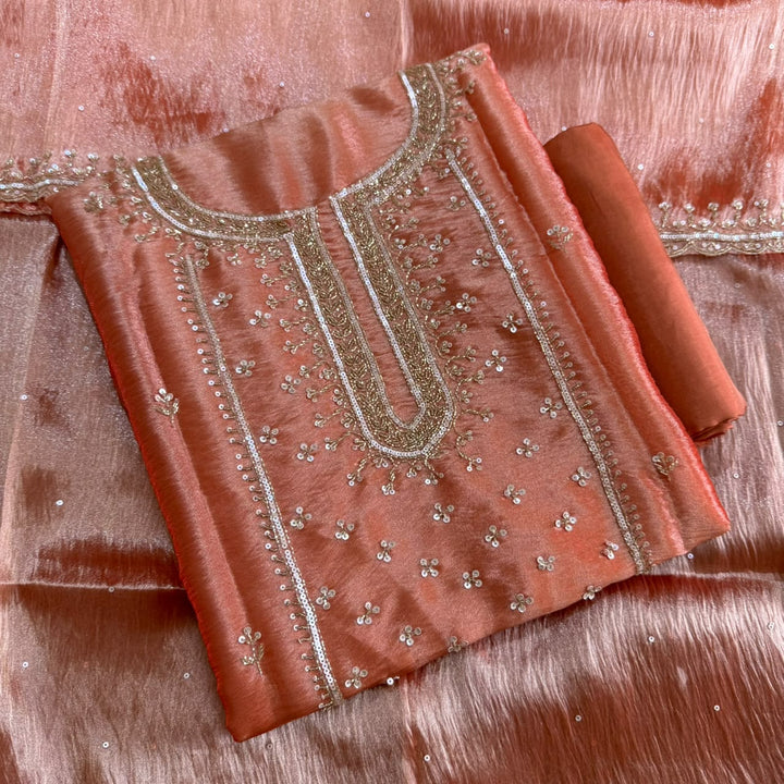 Premium Glass Tissue Cutdana Sequin Work Unstitched Suit Set-AC1503-A