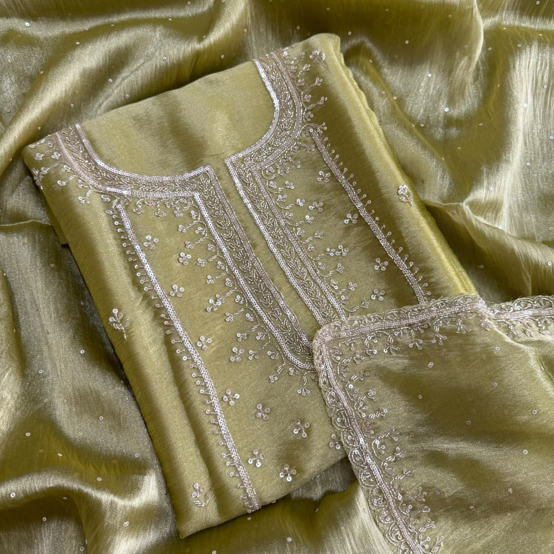 Premium Glass Tissue Cutdana Sequin Work Unstitched Suit Set-AC1503-A3