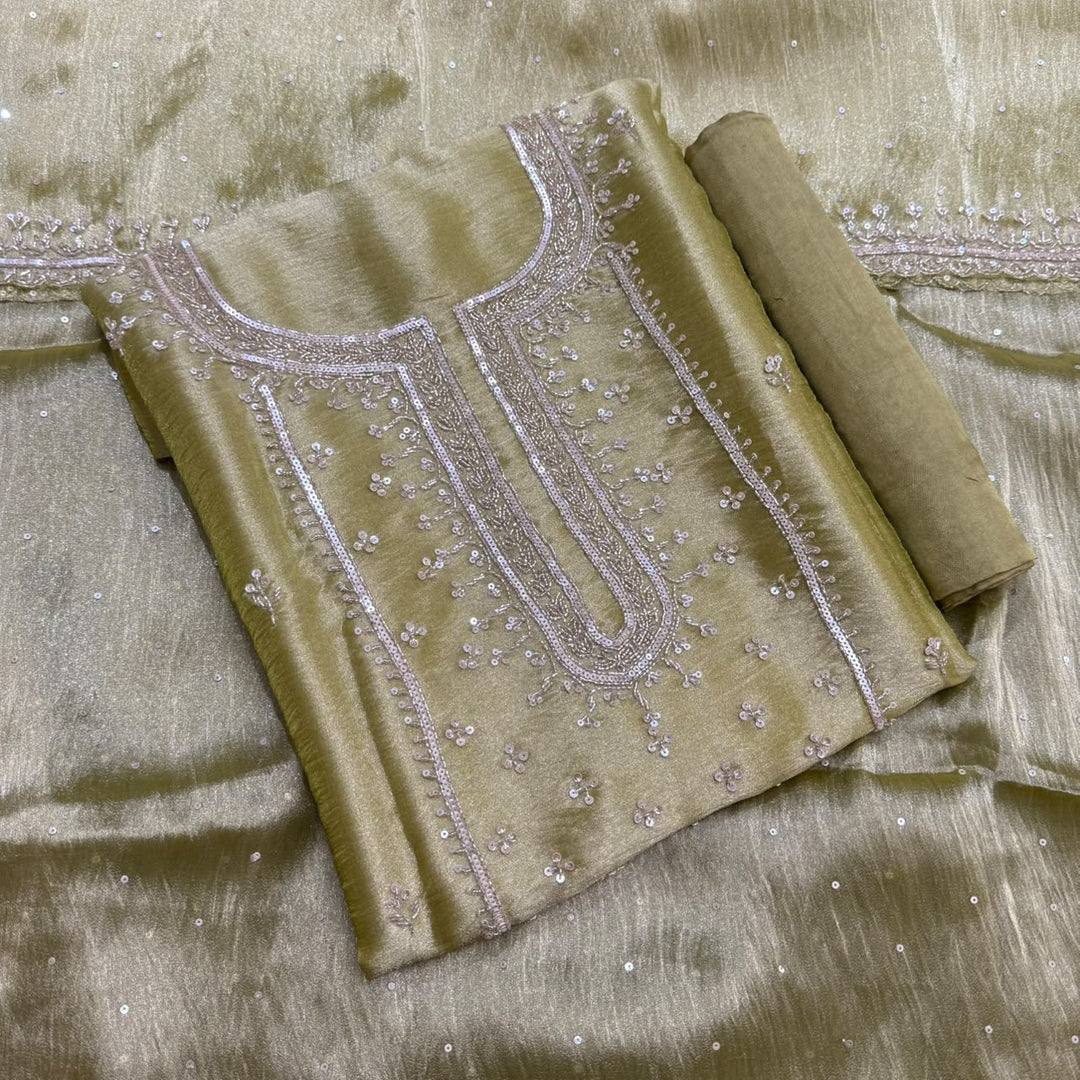Premium Glass Tissue Cutdana Sequin Work Unstitched Suit Set-AC1503-A3