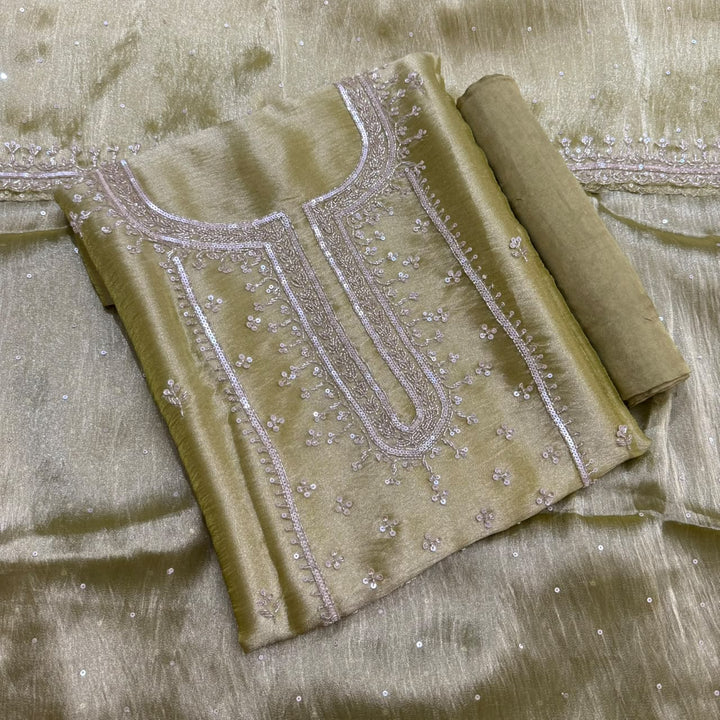 Premium Glass Tissue Cutdana Sequin Work Unstitched Suit Set-AC1503-A3