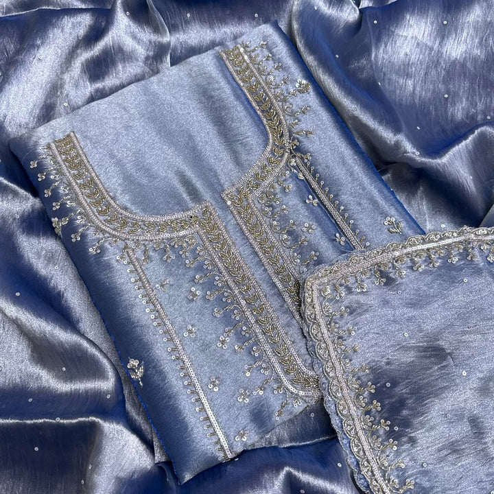 Premium Glass Tissue Cutdana Sequin Work Unstitched Suit Set-AC1503-A1