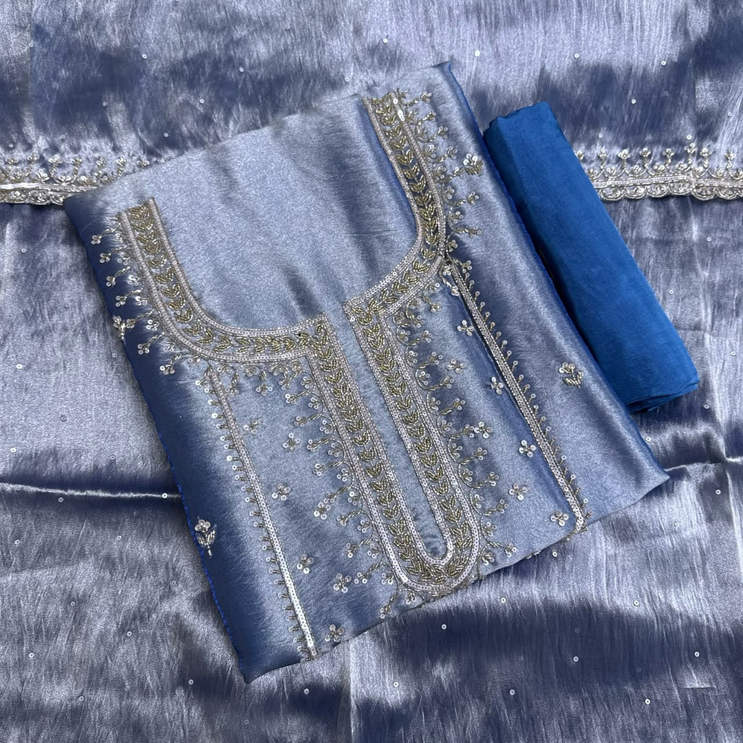 Premium Glass Tissue Cutdana Sequin Work Unstitched Suit Set-AC1503-A1