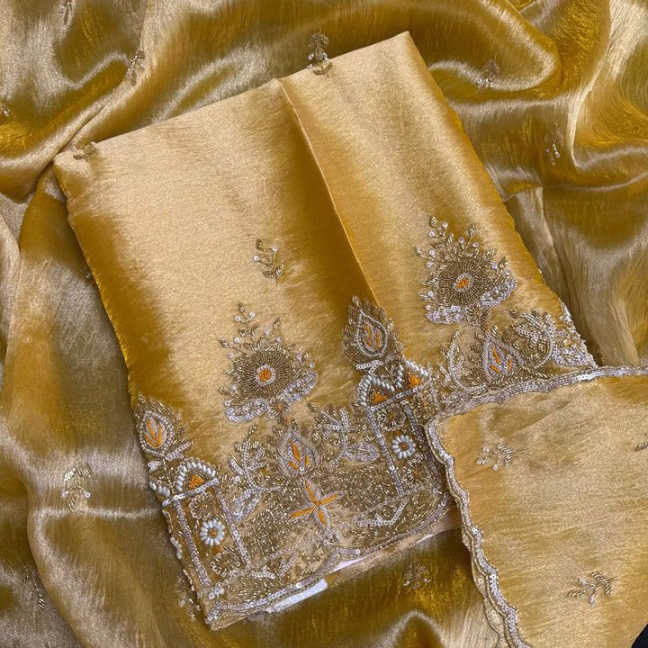 Premium Glass Tissue Cutdana Sequin Work Unstitched Suit Set-AC1503-1