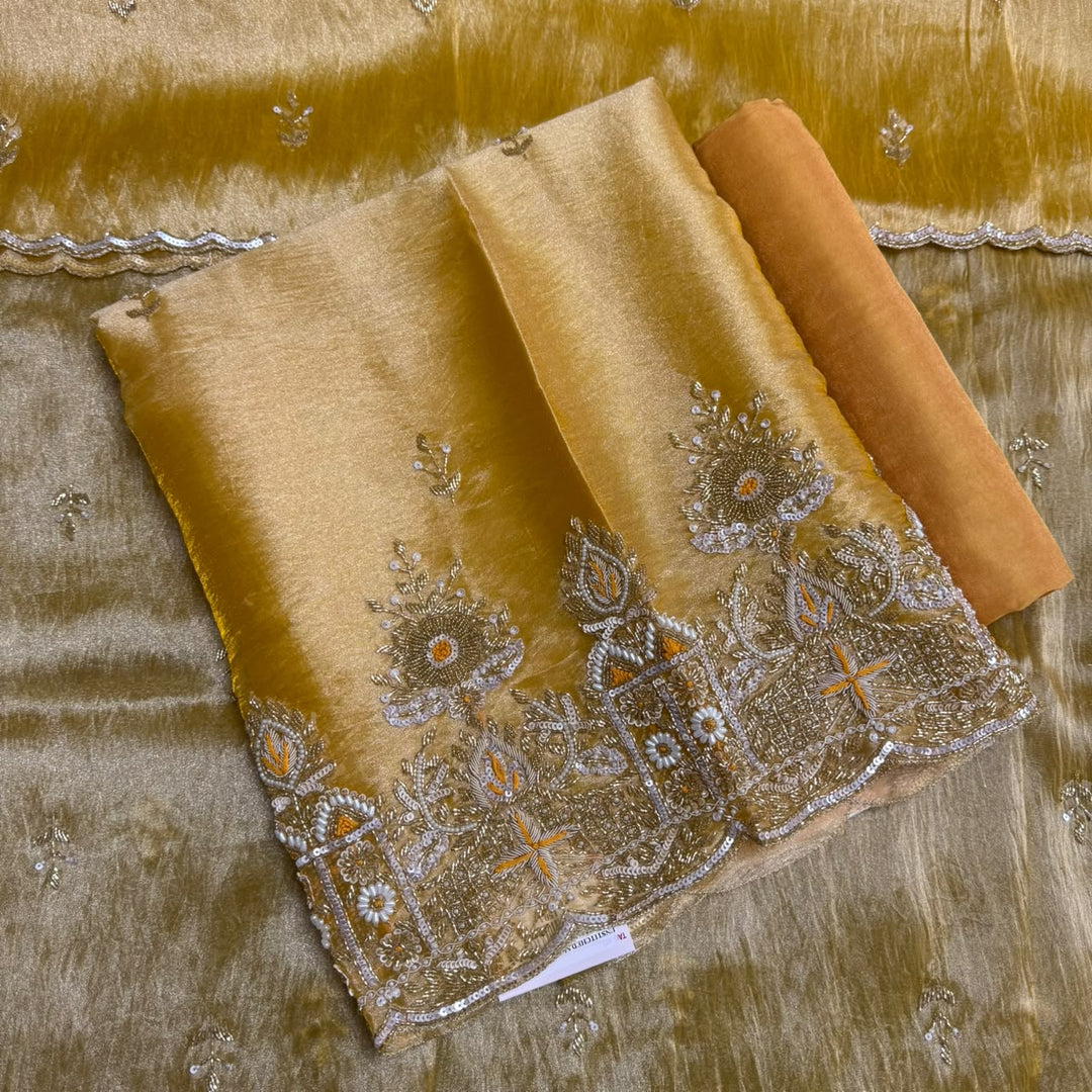 Premium Glass Tissue Cutdana Sequin Work Unstitched Suit Set-AC1503-1