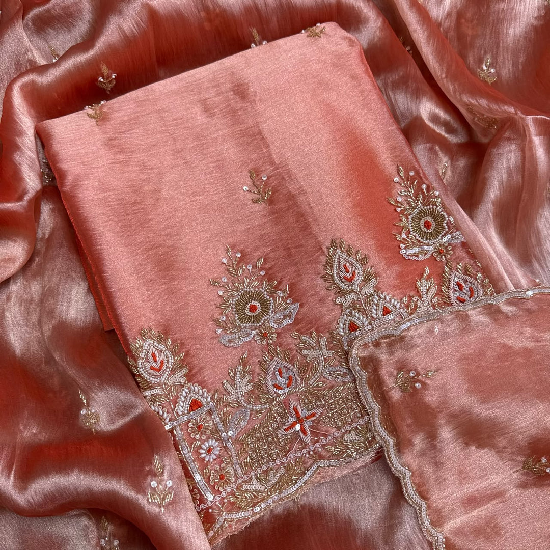 Premium Glass Tissue Cutdana Sequin Work Unstitched Suit Set-AC1503-3