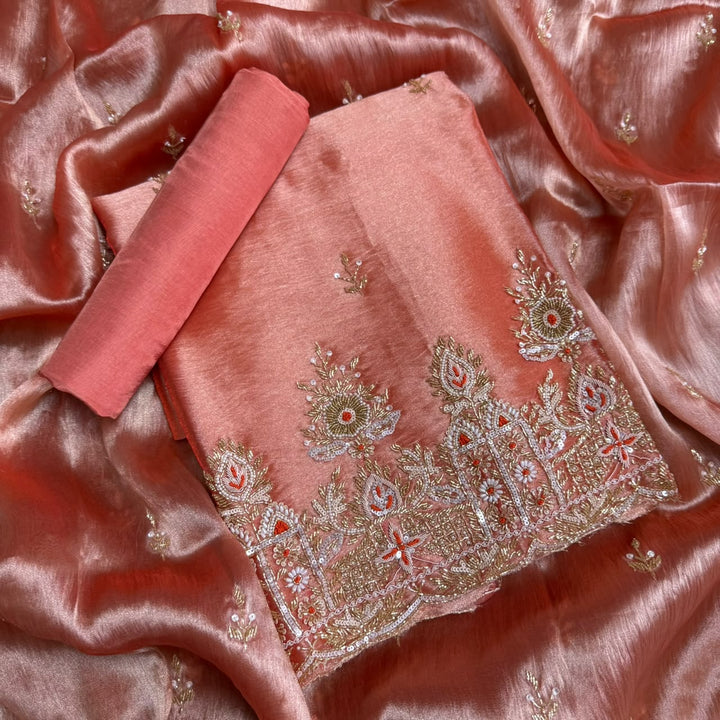Premium Glass Tissue Cutdana Sequin Work Unstitched Suit Set-AC1503-3