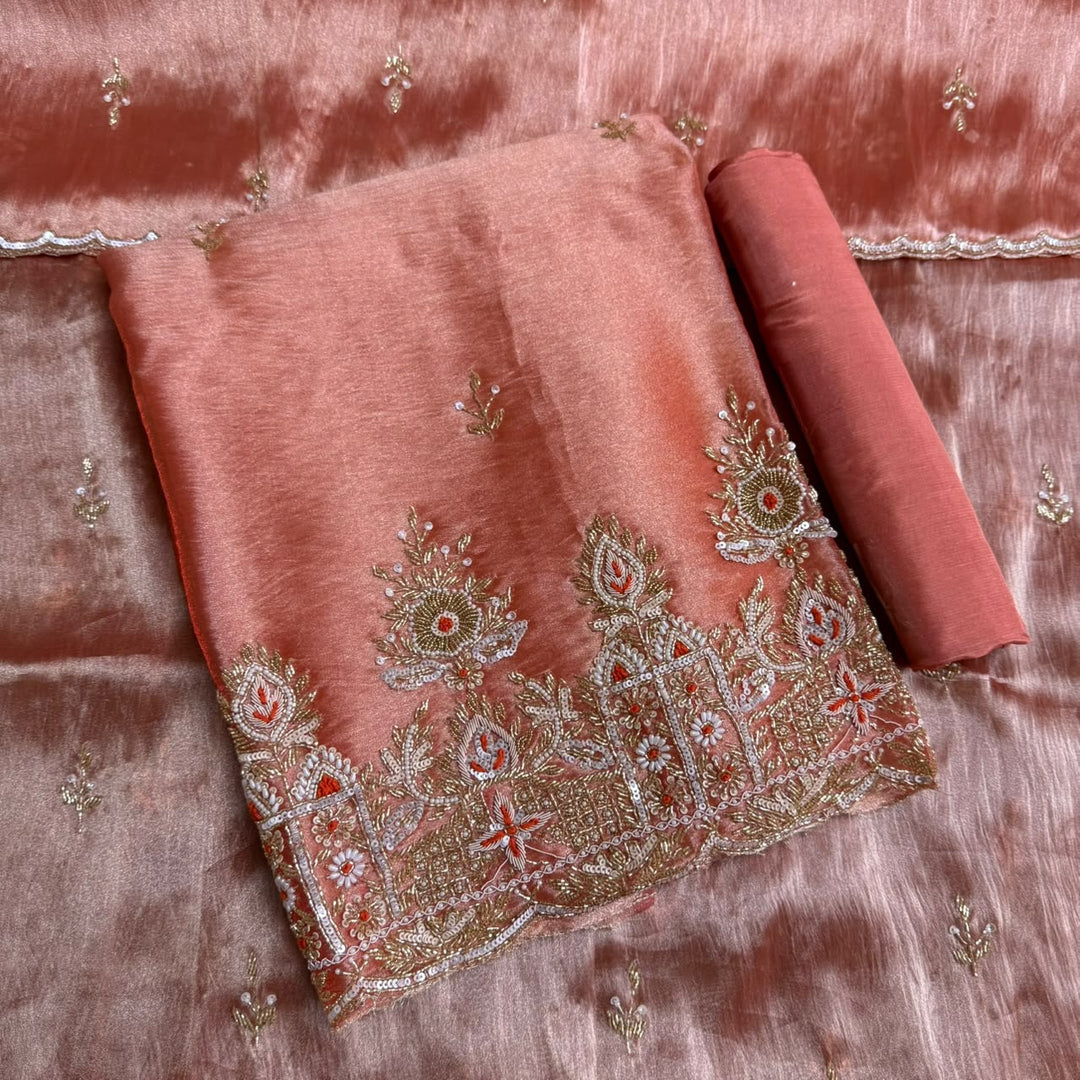 Premium Glass Tissue Cutdana Sequin Work Unstitched Suit Set-AC1503-3