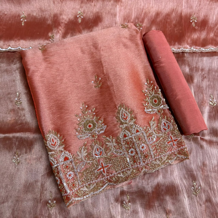 Premium Glass Tissue Cutdana Sequin Work Unstitched Suit Set-AC1503-3