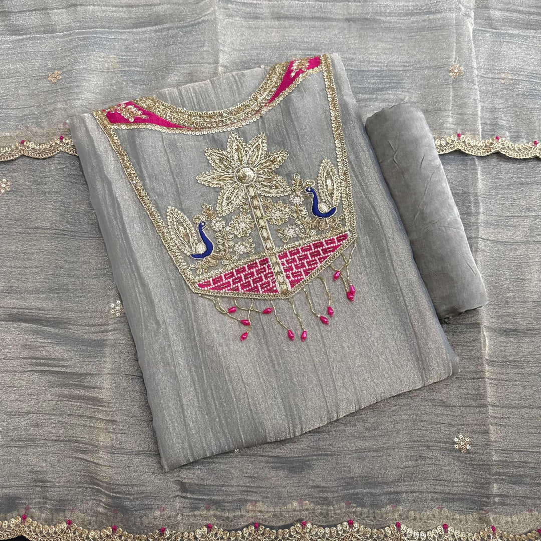 Premium Crush Tissue Dabka Sequin Moti Thread Work Unstitched Suit Set-D13159-A