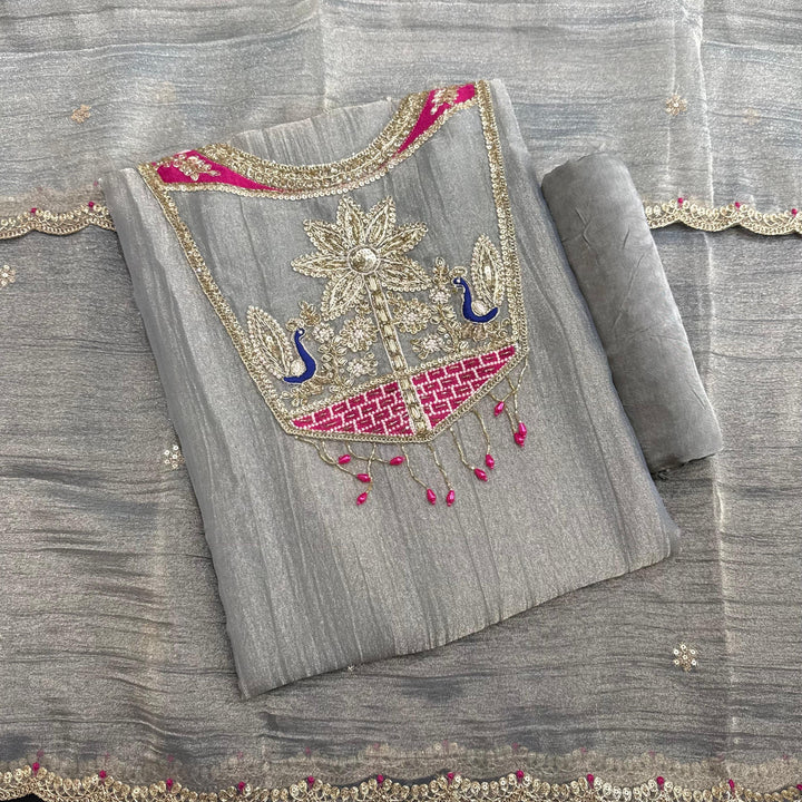 Premium Crush Tissue Dabka Sequin Moti Thread Work Unstitched Suit Set-D13159-A