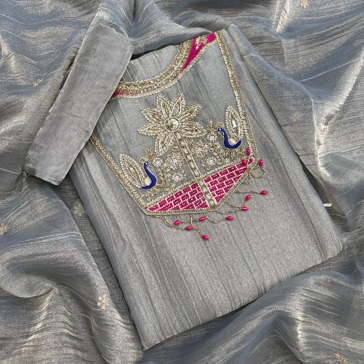 Premium Crush Tissue Dabka Sequin Moti Thread Work Unstitched Suit Set-D13159-A