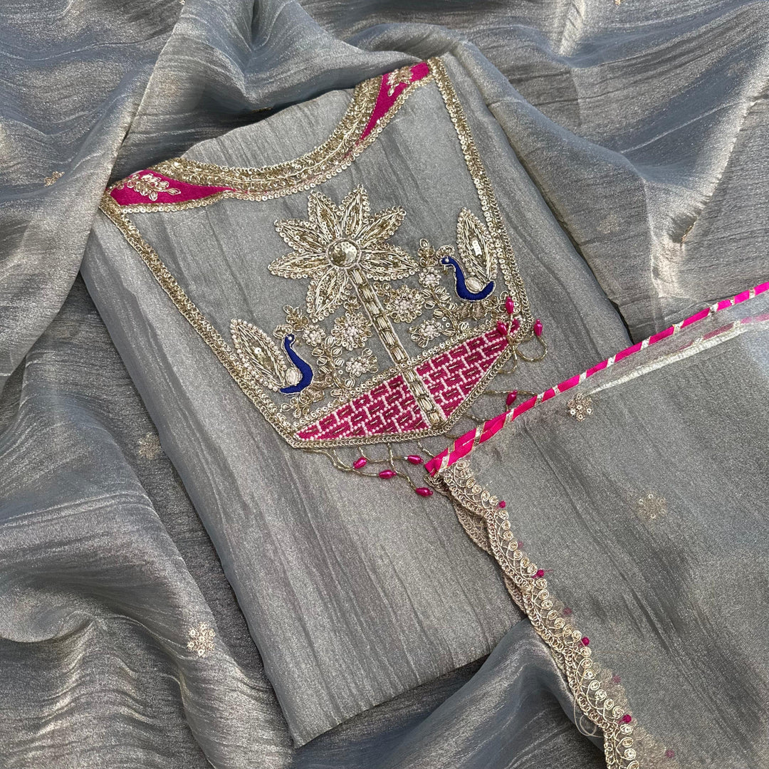 Premium Crush Tissue Dabka Sequin Moti Thread Work Unstitched Suit Set-D13159-A