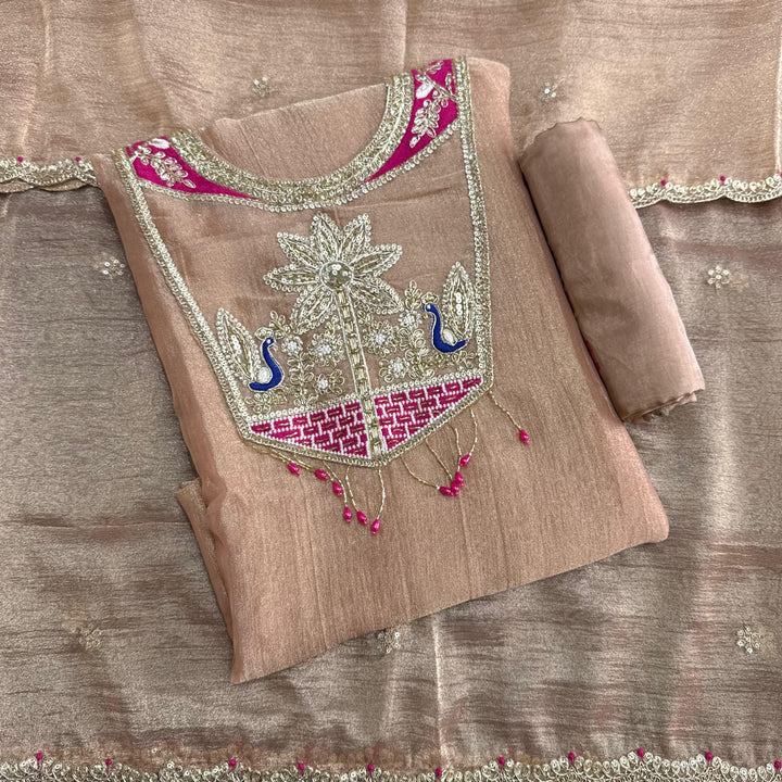 Premium Crush Tissue Dabka Sequin Moti Thread Work Unstitched Suit Set-D13159-A1