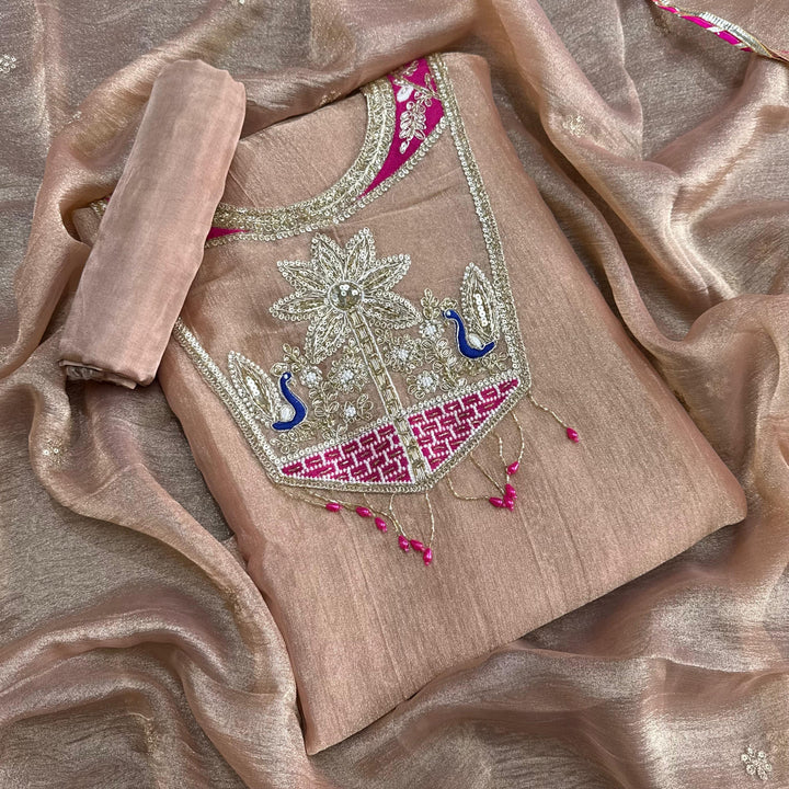 Premium Crush Tissue Dabka Sequin Moti Thread Work Unstitched Suit Set-D13159-A1