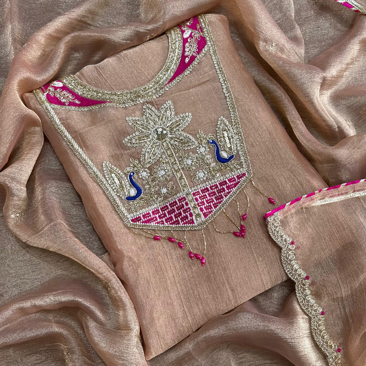 Premium Crush Tissue Dabka Sequin Moti Thread Work Unstitched Suit Set-D13159-A1