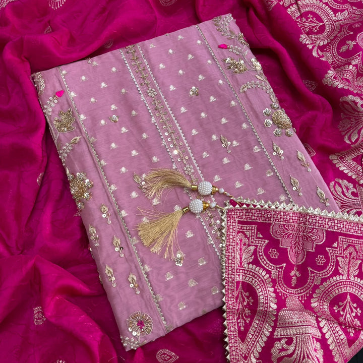 Chanderi Silk Dabka, Sequins & Moti Work Unstitched Suit Set - D13173 - A