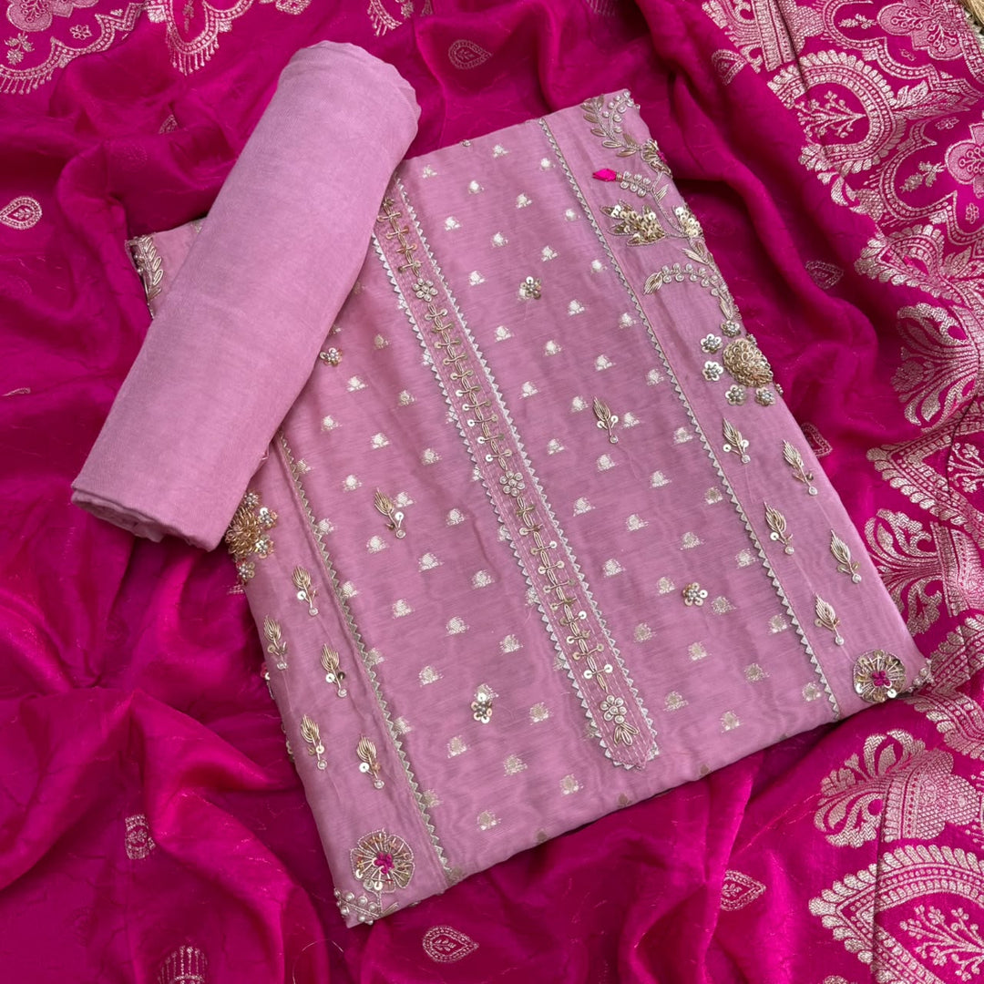 Chanderi Silk Dabka, Sequins & Moti Work Unstitched Suit Set - D13173 - A