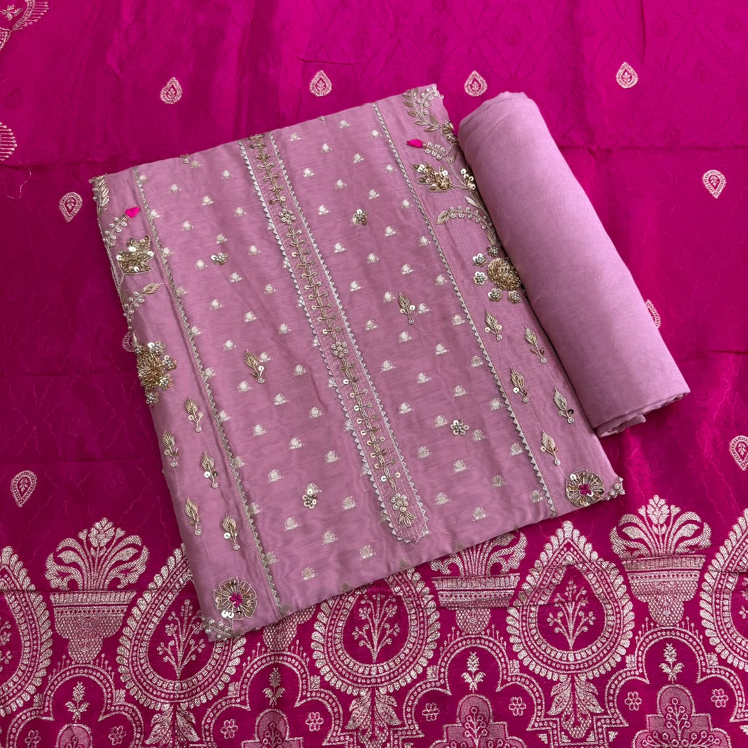 Chanderi Silk Dabka, Sequins & Moti Work Unstitched Suit Set - D13173 - A