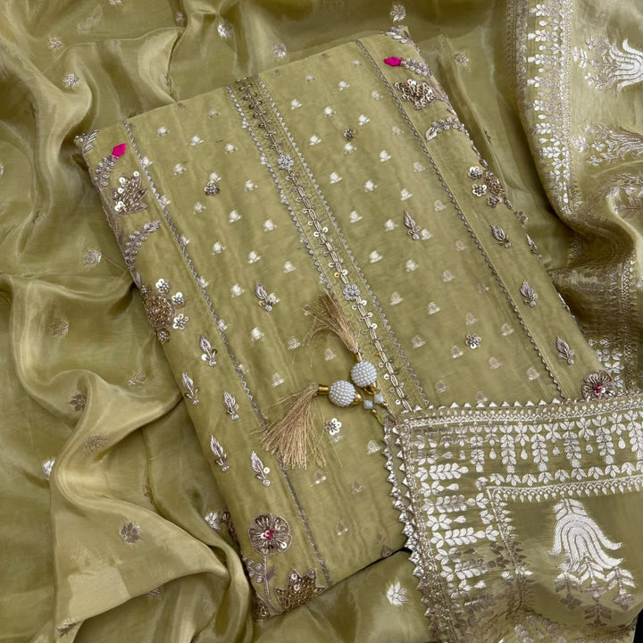 Chanderi Silk Dabka, Sequins & Moti Work Unstitched Suit Set - D13173 - B