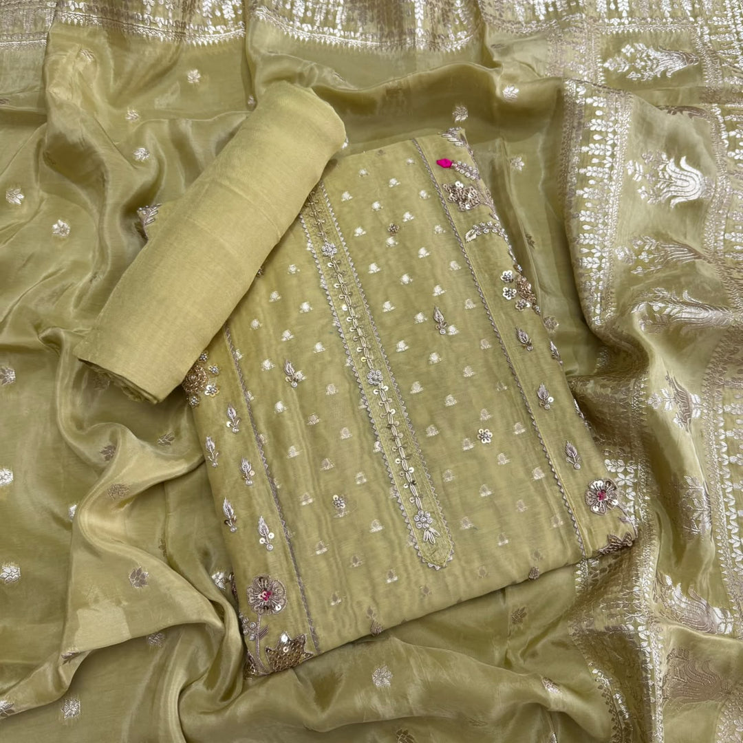 Chanderi Silk Dabka, Sequins & Moti Work Unstitched Suit Set - D13173 - B