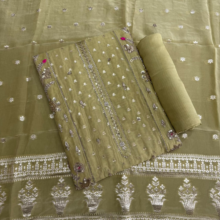 Chanderi Silk Dabka, Sequins & Moti Work Unstitched Suit Set - D13173 - B