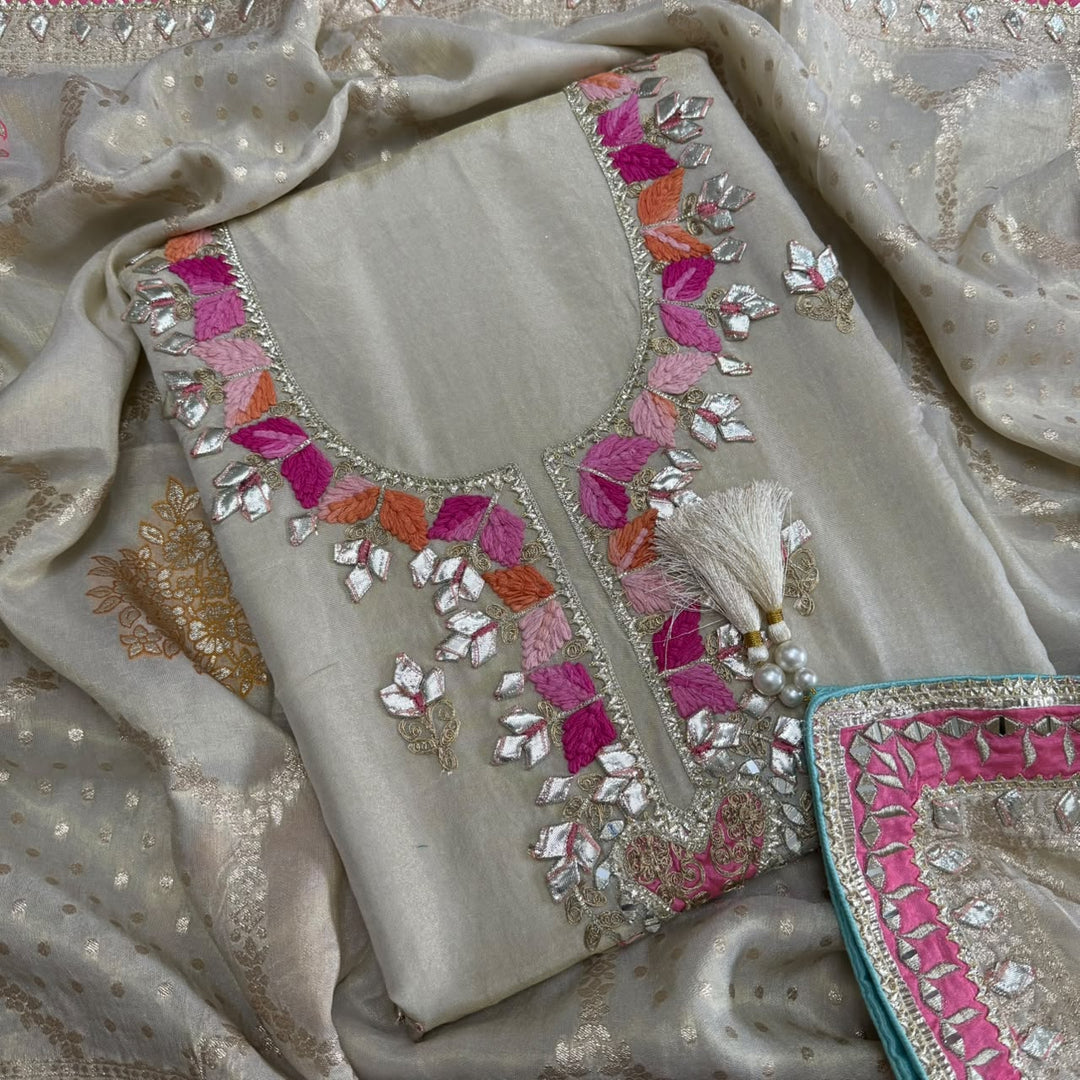 Premium Shimmer Silk Gota Work Unstitched Suit Set - TJIM10 - 1
