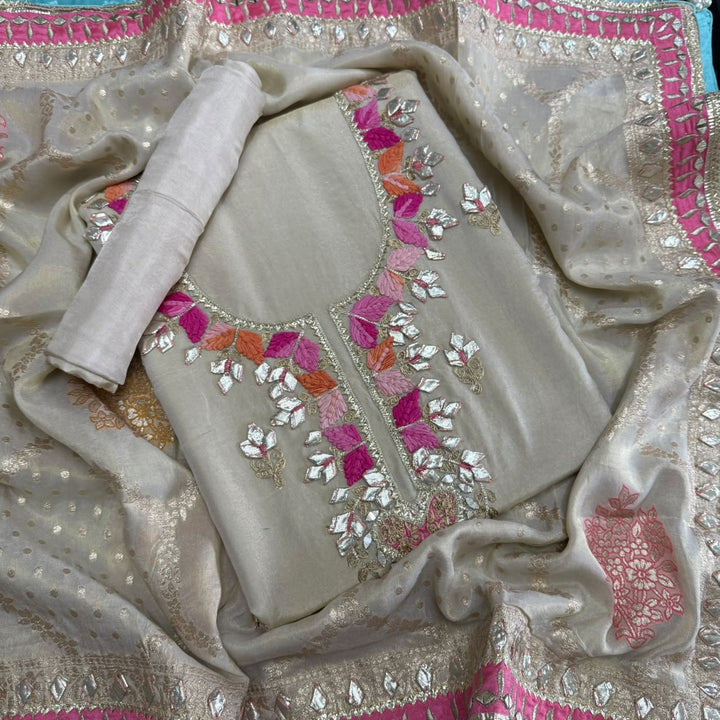 Premium Shimmer Silk Gota Work Unstitched Suit Set - TJIM10 - 1