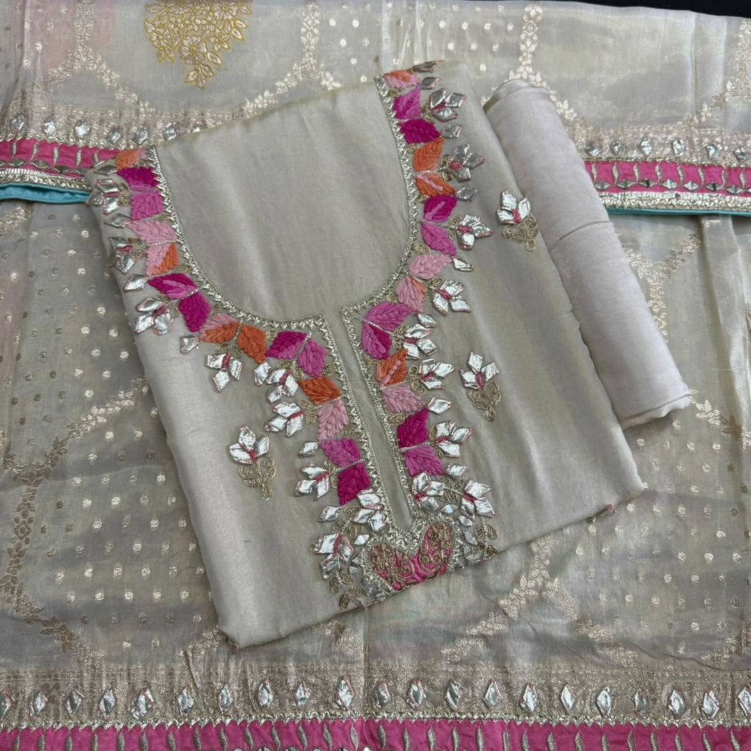 Premium Shimmer Silk Gota Work Unstitched Suit Set - TJIM10 - 1