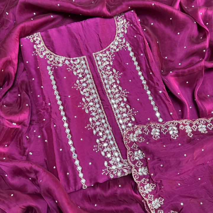 Dola Silk Mirror & Cutdana Handwork Unstitched Suit Set - KF00389 - 1